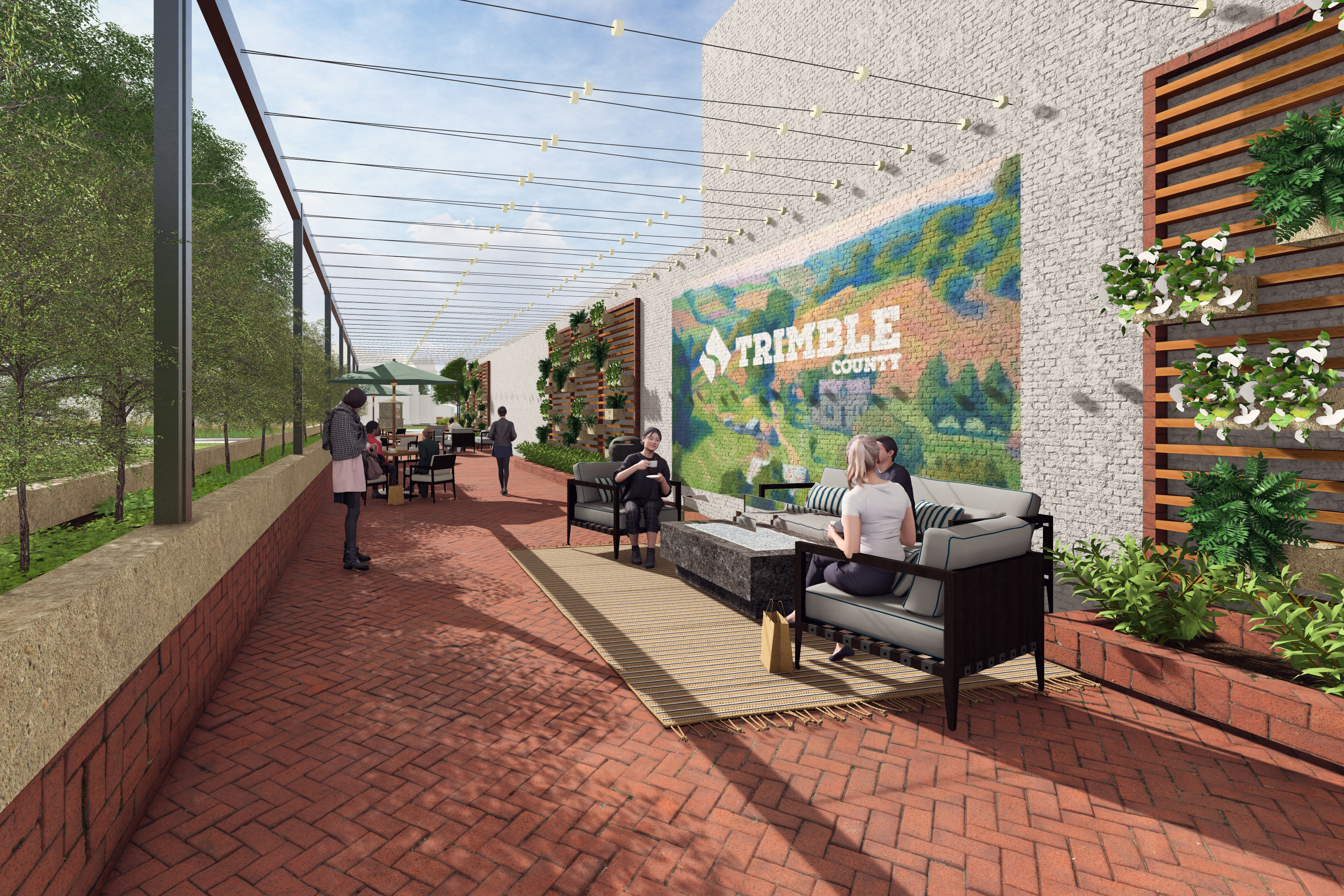 Visualization for Trimble KY outdoor seating area created by design interns with brick patio, wooden plant trellis, landscape "Trimble" mural on block building, and community members sitting on patio furniture
