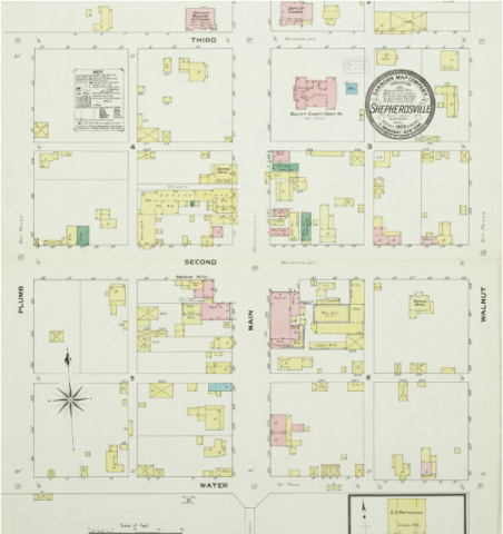 Figure 5. A 1909 Sanborn Insurance map of Shepherdsville, Kentucky, in Bullitt County with original street names used in the past. (Main Street is now South Buckman Street, Water Street is First Street, and Walnut Street is now Frank E. Simon Avenue.) Source: Sanborn Map Company