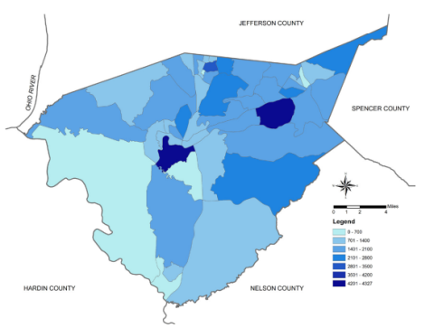 Figure 4. 2010 Population Map of Bullitt County, Kentucky, at Blockgroup Level. Data Source: KY Geoportal, 2014