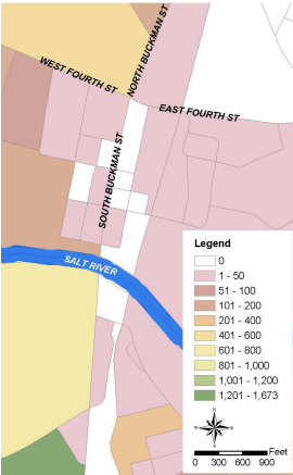 Figure 3. 2010 population map of Shepherdsville, Kentucky, in Bullitt County at block level at the intersection of main streets in downtown Shepherdsville (South and North Buckman Streets and West and East Fourth Streets) Source: U.S. Census Bureau, 2013