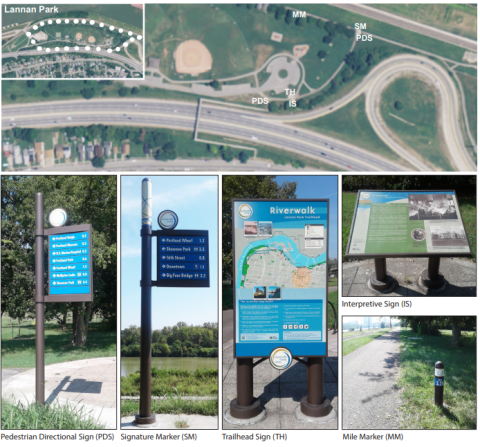 Figure 2. Louisville Loop Wayfinding System signage family styles in Riverwalk: Lannan Park area Aerial Image. Contains examples of Interpretive sign, Pedestrian Directional Sign, Signature Marker, Trailhead Sign, and Mile Marker. Source: USDA, FSA, NAIP, 2012.