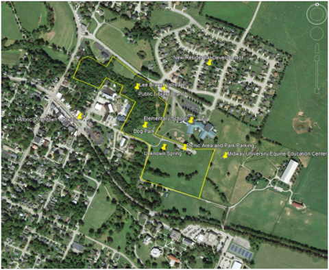 Map of Walter Bradley Park in Midway, Kentucky, depicting existing physical and biological features of the park to aid in discussions about issues, needs, and potentials Source: Base imagery GoogleEarth.com 2016