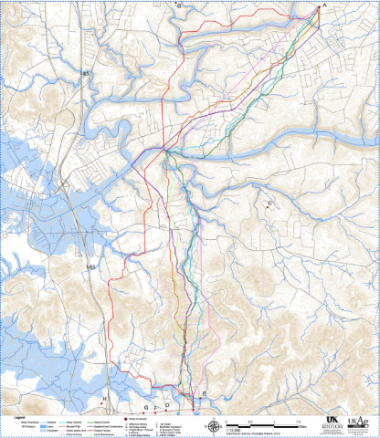 Figure 10. Proposed Trail Alternatives in Central Bullitt County. Data Source: KY Geoportal, 2014.