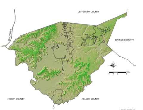 Figure 2. Shaded Relief Map of Bullitt County, Kentucky. This map depicts topography that can be used to aid in determining the potential suitability or unsuitability of potential trail routes. Data Source: KY Geoportal, 2014.
