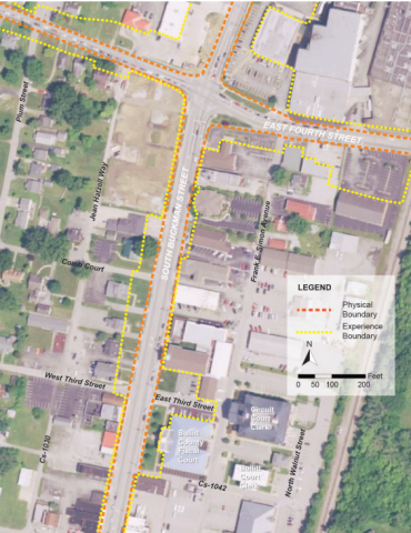 Figure 1. Streetscape environment and boundary expanding between properties on either side of the transportation corridor Source: Basemap Imagery USDA FSA NAIP, 2017