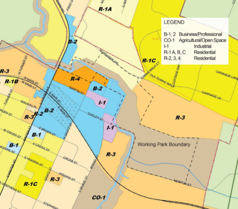 Zoning map of Midway, Kentucky, illustrating zoning of property, including Walter Bradley Park, that may influence the vision/inclusion of features Source: Versailles-Midway-Woodford County Planning Commission 2016