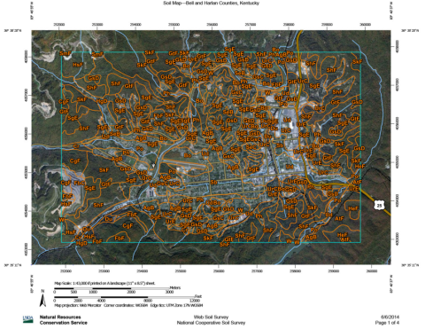 Figure 3. Soil Map of Middlesboro, Kentucky. This map illustrates locations of sandy loam to clay structures that may restrict certain development activities. Source: USDA, NRCS, 2014.